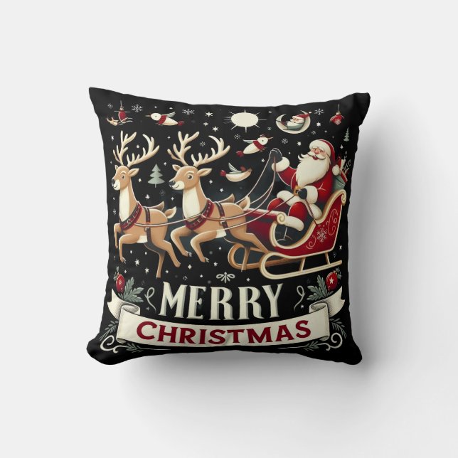 Vintage Santa & Reindeer Starry Night Christmas  Kissen (Vorderseite)