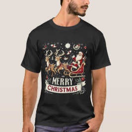 Vintage Santa & Reindeer Starry Night Christmas  T-Shirt