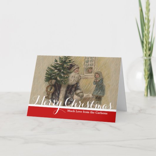 Vintage Santa Schnee Weihnachtsbaum Feiertagskarte (Vorderseite)