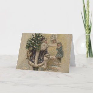 Vintage Santa Schnee Weihnachtsbaum Feiertagskarte