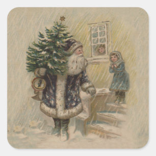 Vintage Santa Schnee Weihnachtsbaum Quadratischer Aufkleber