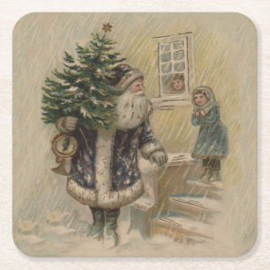 Vintage Santa Schnee Weihnachtsbaum Rechteckiger Pappuntersetzer