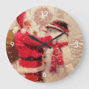 Vintage Santa Snowman Scene Große Wanduhr