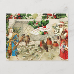 Vintage Santa, Stechpalmen-Beeren- und Vogel-Colla Feiertagspostkarte