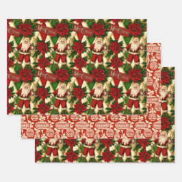 Vintage Santa und Poinsettias Collage Geschenkpapier Set