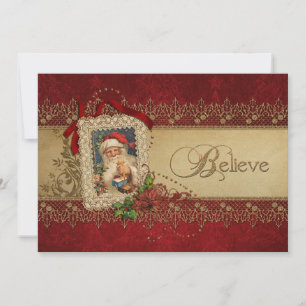 Vintage Santa with Poinsettia and Gold Lace Feiertagskarte