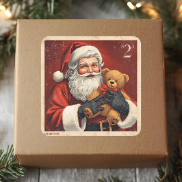 Vintage Santa with Teddy Bear Christmas Postage  Quadratischer Aufkleber