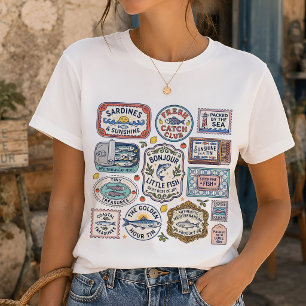 Vintage-Sardinen-Collage Fisherman-Core-Grafik T-Shirt