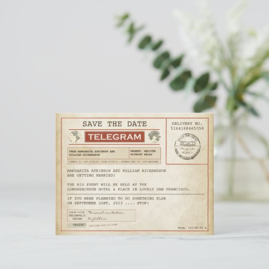 Vintage Save the Date alte Telegramme (Stehend Vorderseite)