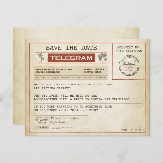 Vintage Save the Date alte Telegramme (Vorne/Hinten)