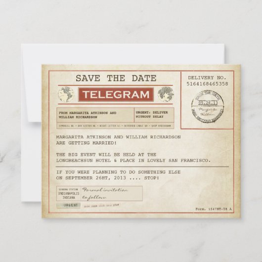 vintage Save-the-Date alte Telegramme Save The Date (Vorderseite)