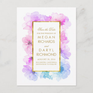 Vintage Save the Date- Gold und Blau Lila Floral Ankündigungspostkarte