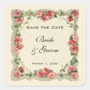 Vintage Save-the-Date, rosa Blumen Florale Rosen Quadratischer Aufkleber