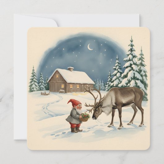Vintage Scandinavian Christmas Tomte & Reindeer Karte (Vorderseite)