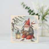 Vintage Scandinavian Tomte with Birds Karte (Stehend Vorderseite)