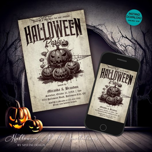Vintage Scarry Pumpkins Adult Halloween Party Einladung