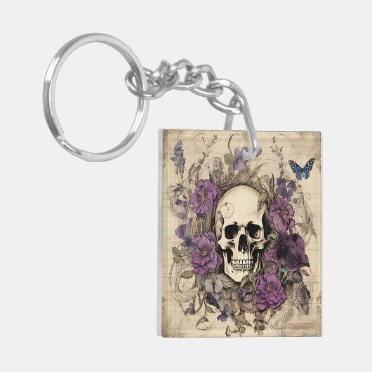 Vintage Schädel- und Purpurblumen Schlüsselanhänger (Vorderseite links)