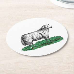 Vintage-Schaf-Mutterschaf-Farmtiere-Zeichnung C Runder Pappuntersetzer