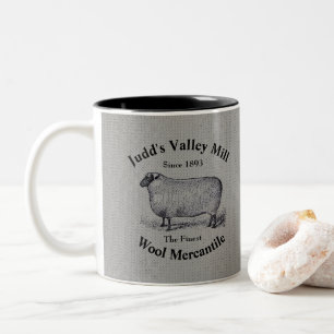 Vintage-Schafbild Judd's Valley Wool Mercantile Zweifarbige Tasse