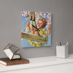 Vintage Schaukel, Mädchen schaukelt auf einem Baum Quadratische Wanduhr