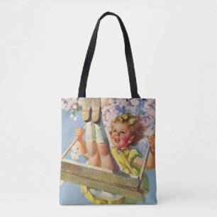 Vintage Schaukel, Mädchen schwingt in einem Baum K Tasche
