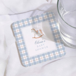 Vintage Schaukelpferd Blau Gingham Baby Shower Rechteckiger Pappuntersetzer