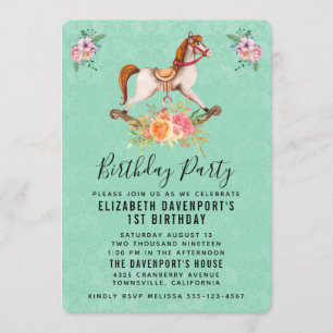 Vintage Schaukelpferd mit floralem Geburtstagsstra Einladung