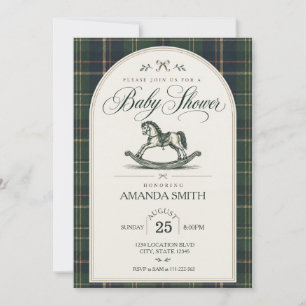 Vintage Schaukelpferd-Tartan-Baby-Party Einladung