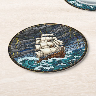 Vintage-Schiff-Getränkeuntersetzer, stürmische See Runder Pappuntersetzer