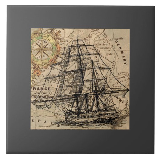 Vintage Schiff und Karte Fliese (Vorderseite)