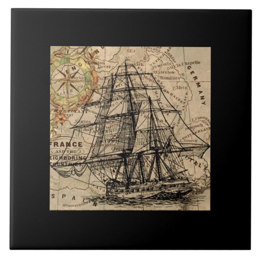 Vintage Schiff und Karte Fliese (Vorderseite)