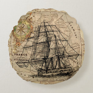 Vintage-Schiff und Map-Rundkissen Rundes Kissen