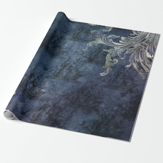 Vintage Schiffe auf Blau Geschenkpapier (Ungerollt)