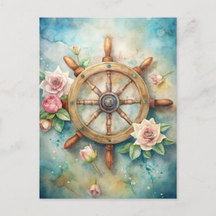 Vintage-Schiffsrad rosa cremefarbene Rosen Ozean  Postkarte