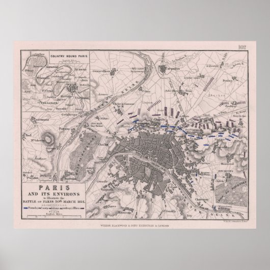 Vintage Schlacht von Paris Map (1814) Poster (Vorne)