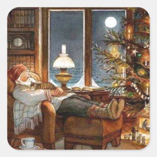 Vintage Schlafender Weihnachtsmann Quadratischer Aufkleber