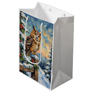 Vintage Schleiereule auf frostigem Zaun Weihnachte Mittlere Geschenktüte
