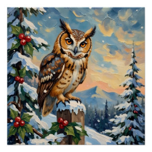 Vintage Schleiereule auf frostigem Zaun Weihnachte Poster