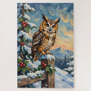 Vintage Schleiereule auf frostigem Zaun Weihnachte Puzzle
