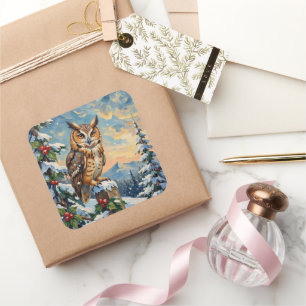 Vintage Schleiereule auf frostigem Zaun Weihnachte Quadratischer Aufkleber