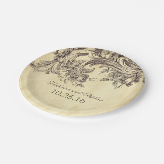 Vintage, schlichte Schnörkel Pappteller (Schrägansicht)