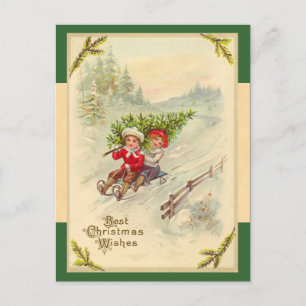 Vintage-Schlitten fahrende Kinder Weihnachtspostka Feiertagspostkarte
