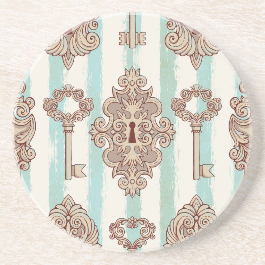 Vintage Schlüssel, Schlösser: Freehe und Muster. Getränkeuntersetzer (Vorne)