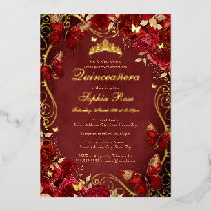 Vintage-Schmetterling-Blumen-Rot-Royal-Quinceanera Folieneinladung