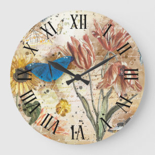 Vintage-Schmetterling Floral Dekupage Große Wanduhr