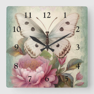 Vintage Schmetterling und Blumen Quadratische Wanduhr