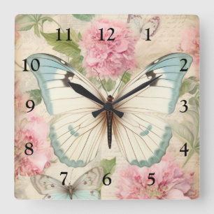 Vintage Schmetterling und Blumen Quadratische Wanduhr