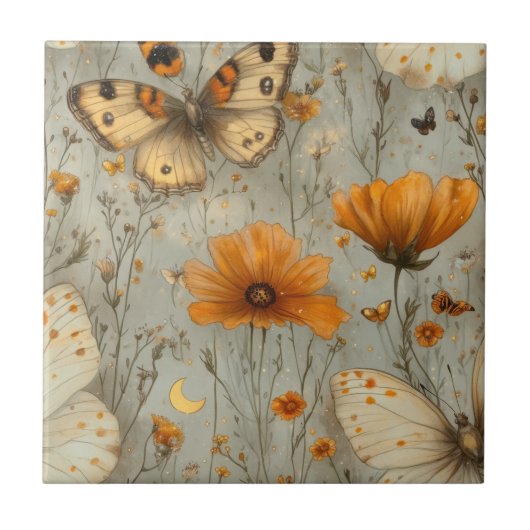 Vintage Schmetterling Wildblume (1) Fliese (Vorderseite)
