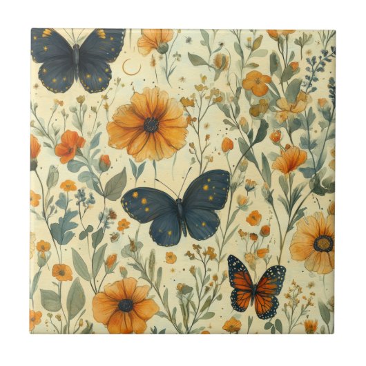 Vintage Schmetterling Wildblume (5) Fliese (Vorderseite)