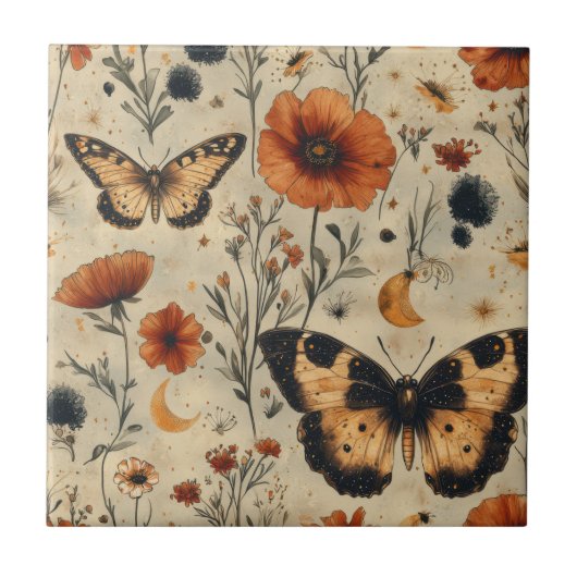 Vintage Schmetterling Wildblume (7) Fliese (Vorderseite)